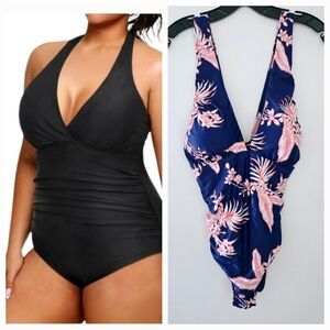 You Di An Blue Floral One Piece Swimsuit Crisscross Back